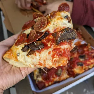 a hand holding a slice of pizza