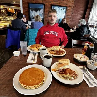 Chocolate Chip Pancakes, blueberry pancakes, Sicilian Panini, Bacon and Egg Panini