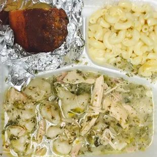 Chicken and dumplings, Mac and cheese, and a side of cornbread!