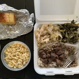 Beef Tips and rice, cabbage, greens and max &amp;cheese
