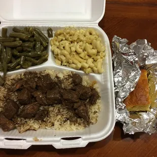 Beef tips with rice, green beans, mac &amp; cheese, and cornbread from My Granny&apos;s Kitchen.