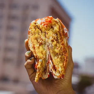a hand holding a sandwich