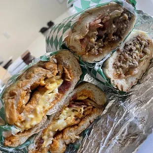 Bacon, egg, and cheese and chopped cheese sandwiches.