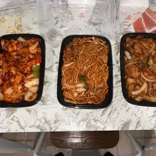 Left to right Kung Pao Chicken, Beef Chow Mein,Mongolian Beef