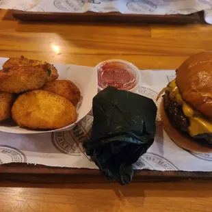 Oniom mushroom burger and jalapeno poppers