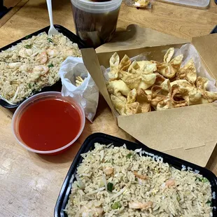 Shrimp fried rice, wonton soup, crab ragoons