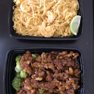 Shrimp pad Thai no sprouts or peanuts and orange beef to go.