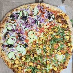 Butter Paneer Pizza and Creamy Garlic Vegetarian Pizza (half n half large)