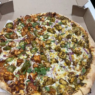 Vijayawada Chicken Pizza and Haryali Chicken Pizza, half and half