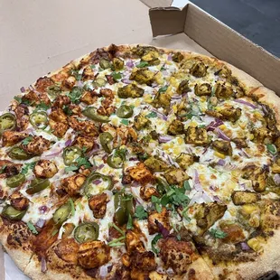 Half Vijayawada Chicken Pizza and half Haryali Chicken Pizza