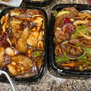 Mongolian beef and chicken and eggplant in garlic sauce