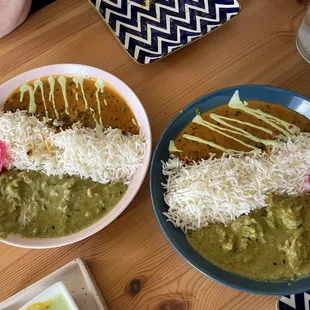 Chicken Hariyali, vegetable hariyali, dal makhani, aloo tahihi.
