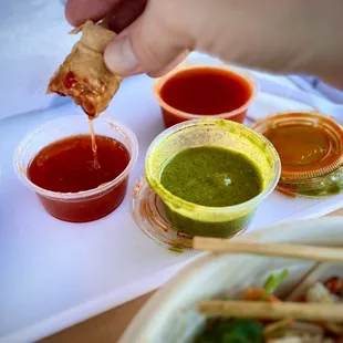 Egg Rolls with Sauces (L to R): Sweet Chili, Cilantro Ginger &amp; Honey Sriracha.