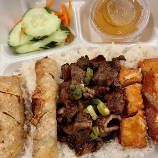 Rice platter - grilled pork, eggroll, house special shrimp tofu (to-go)