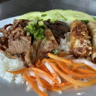Grilled pork &amp; egg rolls rice plate - com tam thit nuong &amp; cha gio