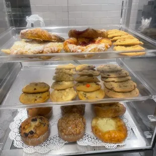 Cherry and cheese Danish, blueberry and apple strudel muffins, chocolate chip, M&amp;M chocolate chip, and macadamia cookies