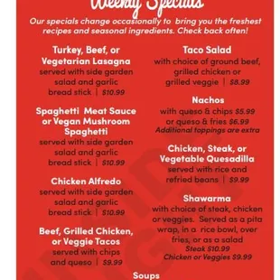 Weekly Special Menu