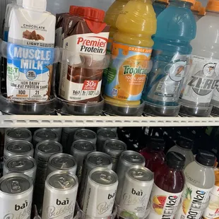 A large variety of drink options ranging from juices, sparkling water, protein shakes, and sodas to choose from.