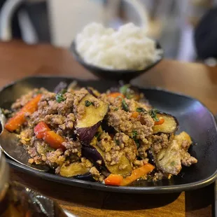 Eggplant with ground pork.