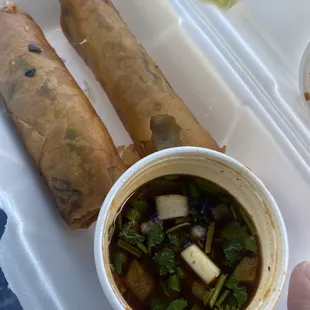 Birria lumpia and consume