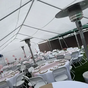 20x40, 60" tables, heaters and chairs