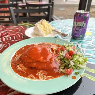 Red chili enchilada with coconut cake and my grape crush.