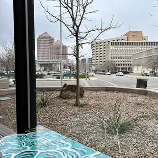 The view from the inside looking out at downtown.