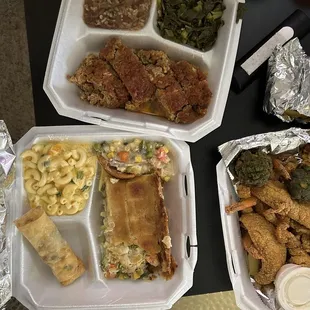 Meatloaf meal, chicken pot pie meal and seafood platter