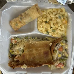 Chicken Pot Pie meal (with soul roll, Mac n cheese)  Came with red beans a rice (not pictured)