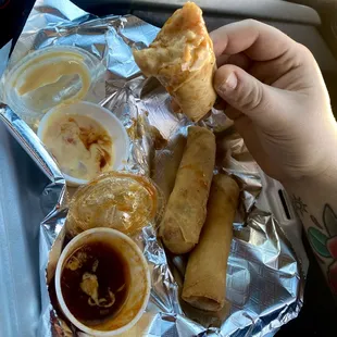 Crab Mac N Cheese SoulRoll  Shrimp Alfredo Soul Roll  Rotel Dip Sauce  Sweet N Spicy Sauce
