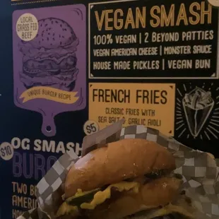Monster Smash menu and a vegan smash