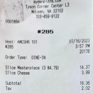 the receipt for the restaurant