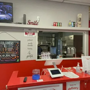 a red counter in a restaurant