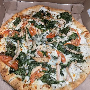 Special White Pizza added chicken and extra cheese... not sure where the cheese was.
