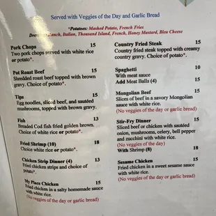 a menu for dinner at a restaurant