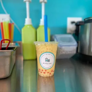 Mango Milk Tea with Strawberry Popping Boba