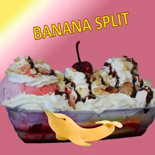 a banana split in a bowl