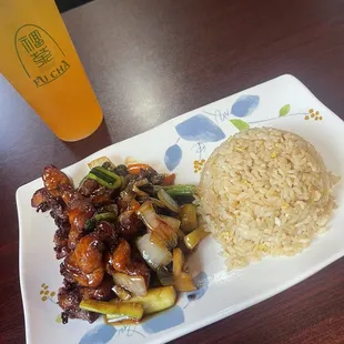 Lunch chicken teriyaki with egg fried rice.