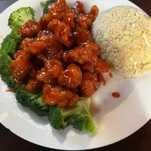 Orange chicken with fried rice. Rice was delicious. Chicken was not overly breaded.