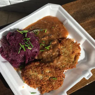 German style "Sauerbraten" served with potato pancakes and red cabbage yum ;)