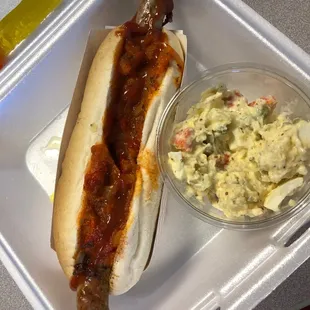 Hot Italian with a side of potato salad.