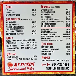 The updated price menu and call in phone number