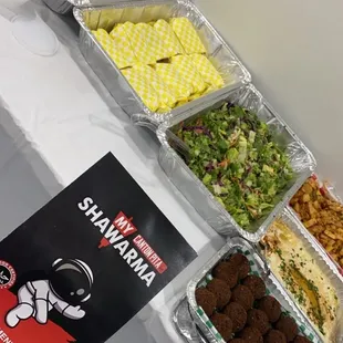 Chicken/steak subs, Fattoush, spicy potatoes,hummus and falafel