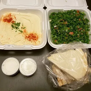 Medium hummus and tabbouli with pita and garlic sauce (carry out)
