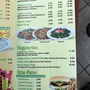 Salads and kids menu