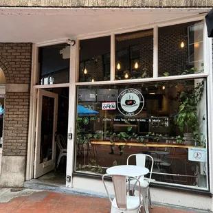 a table and chairs outside