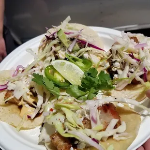 a hand holding a plate of tacos