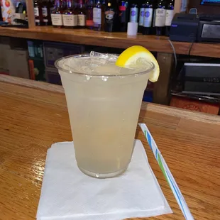 a glass of lemonade on a napkin