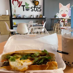 Beef Banh Mi and OoLong Milk Tea with Boba