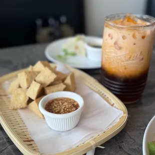 Fried tofu and Thai tea